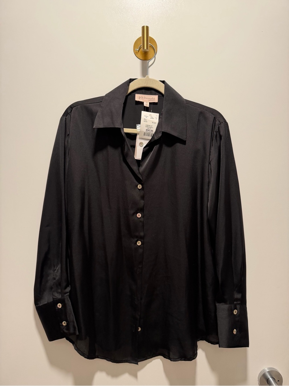 Philosophy Classic Black Satin Button-Down Shirt